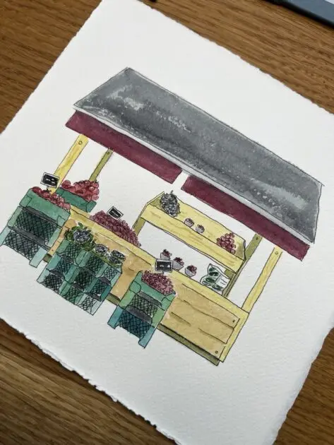 Kleiner Marktstand mit Aquarellfarben festgehalten 